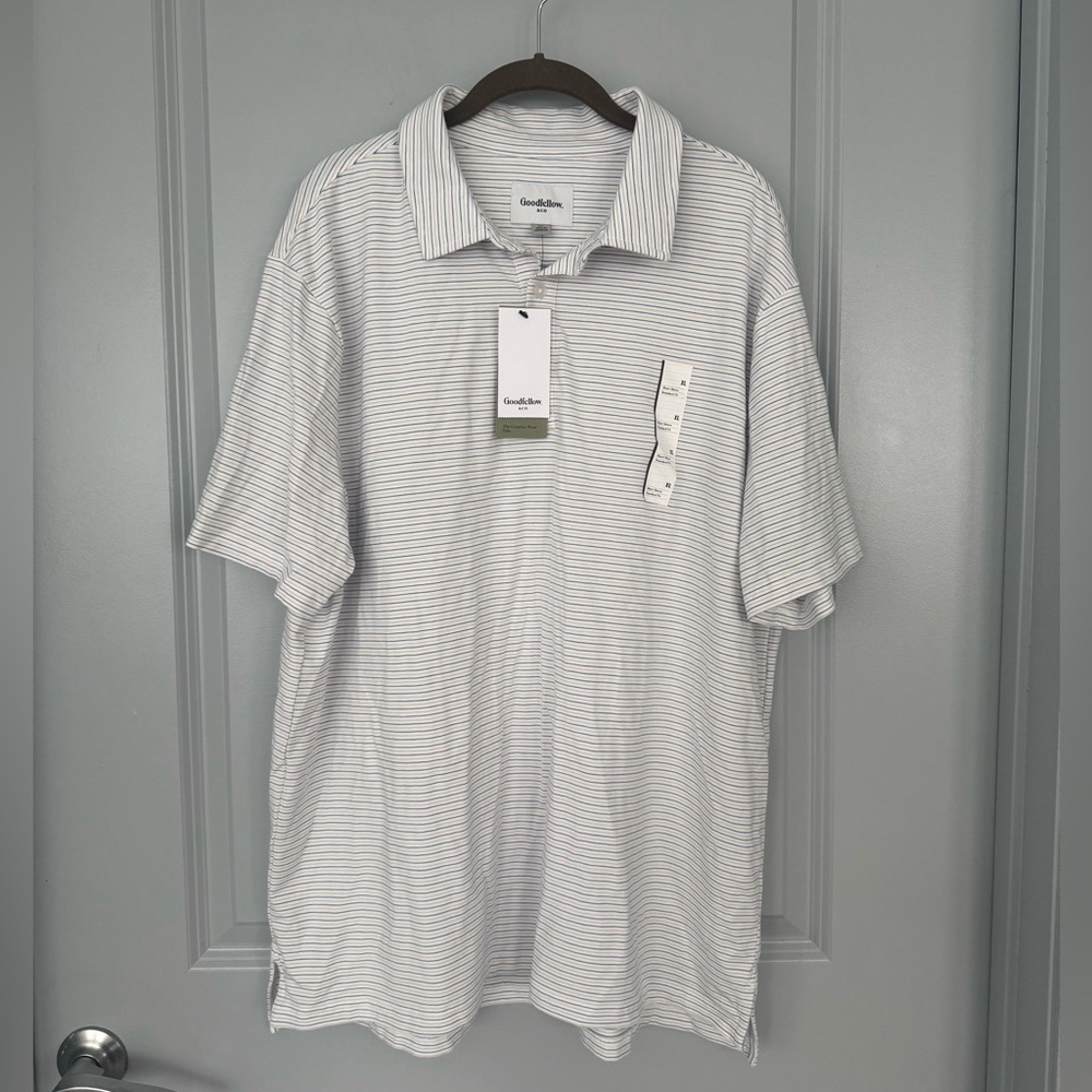 NWT Goodfellow & Co White Polo with Thin Gray Stripes